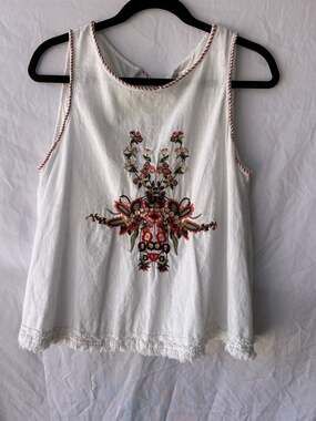 MSSP White Embroidered Boho Tank Top with Tassels and Fringe Trim